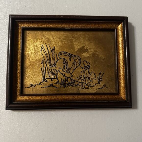 Mushrooms Gold Tin Foil Sketch Art Country Farm Wood Framed Vintage Retro Decor - Picture 11 of 11